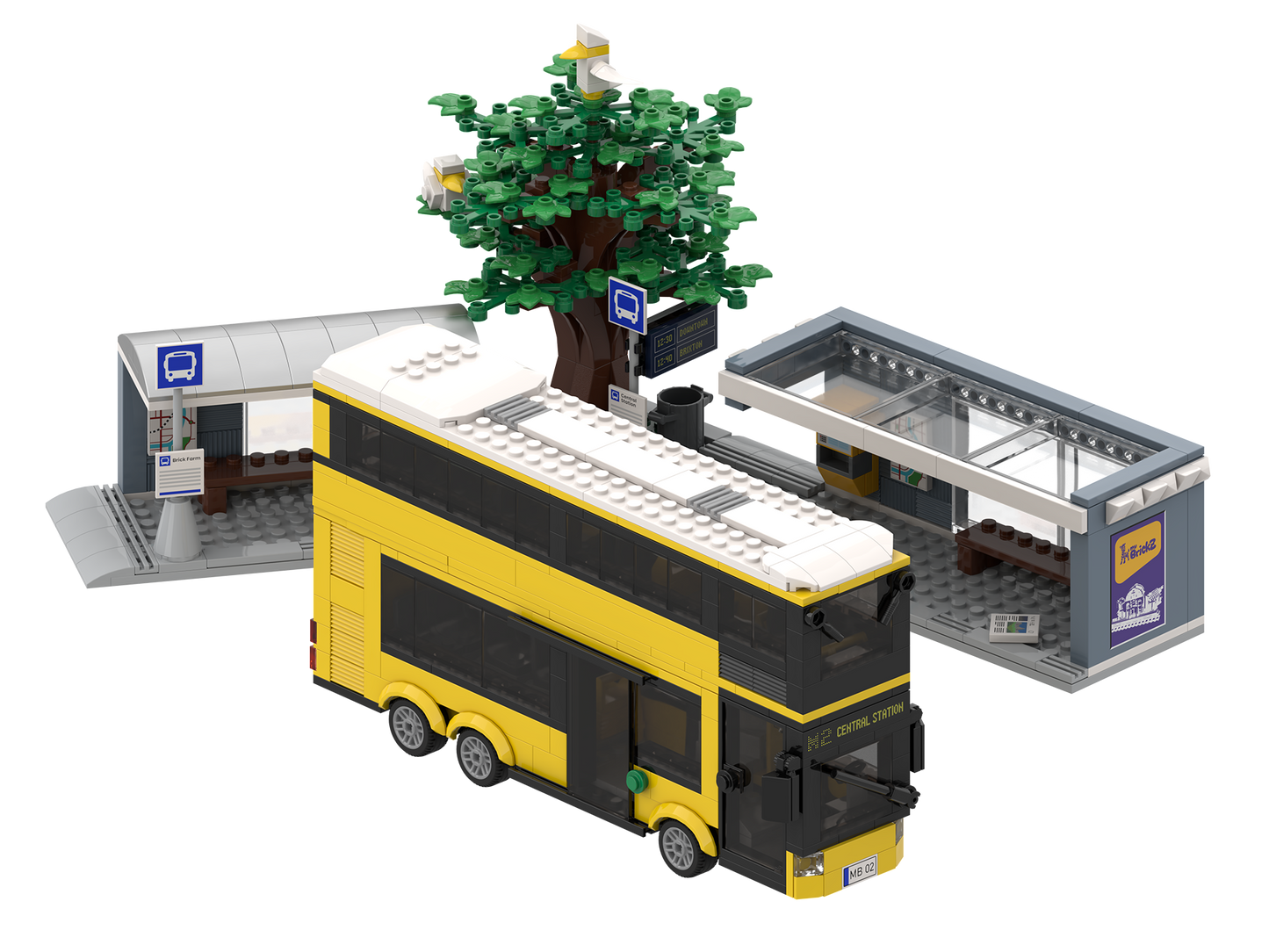 myBrickZ Yellow double-decker bus with bus stop #0002