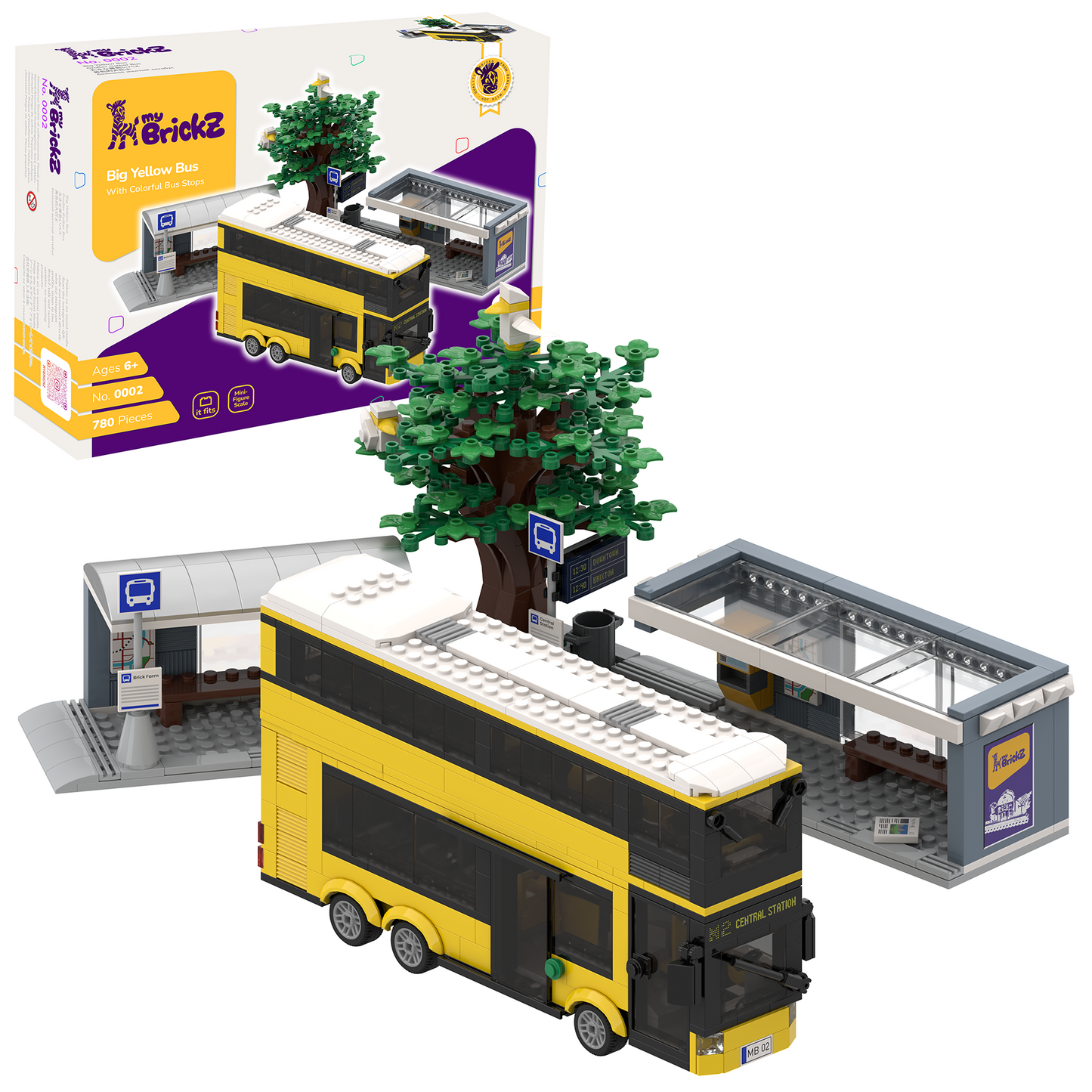 myBrickZ Yellow double-decker bus with bus stop #0002