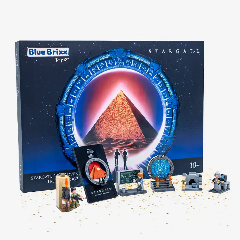 BlueBrixx Stargate Movie 1994 Advent Calendar set 110369, box with several finished mini builds in front