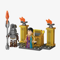 Ra minifigure on a golden throne with a guard holding a staff weapon
