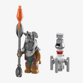 Ra's guard minifigure with staff weapon next to a small brick-built probe robot