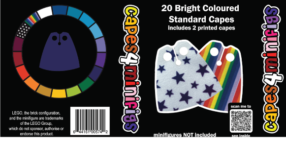 20 Bright Colored Standard Capes – Custom Capes for LEGO® Minifigures (Includes 3 Printed Designs)