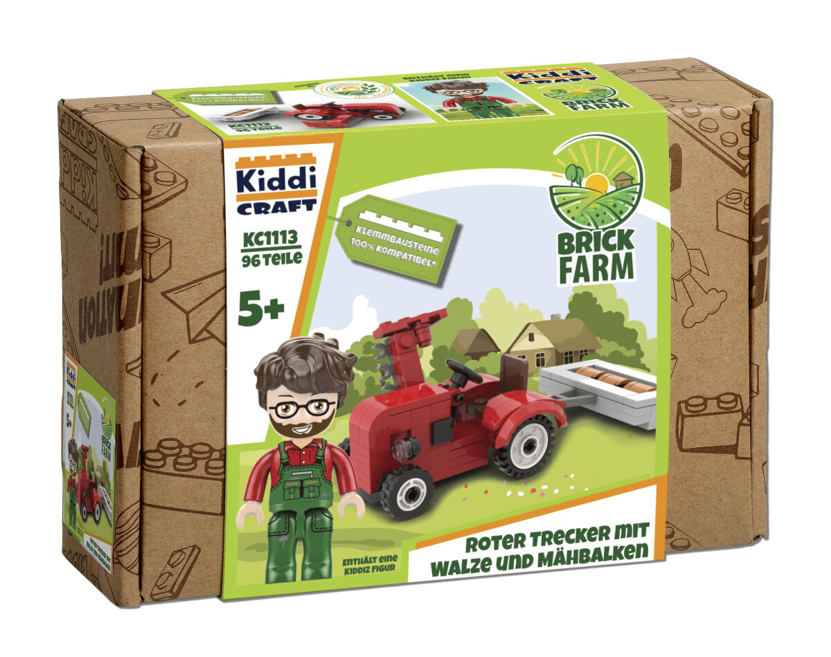 Kiddicraft Brick Farm – Red Tractor with Roller and Mower Building Set KC1113