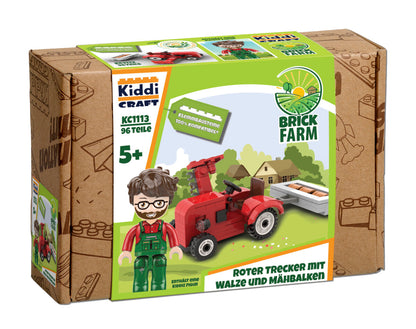 Kiddicraft Brick Farm – Red Tractor with Roller and Mower Building Set KC1113