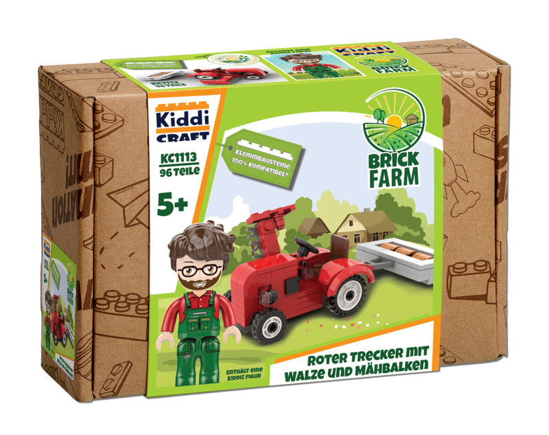 Kiddicraft Brick Farm – Red Tractor with Roller and Mower Building Set KC1113