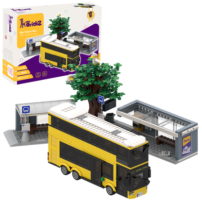 Yellow double-decker bus with bus stop